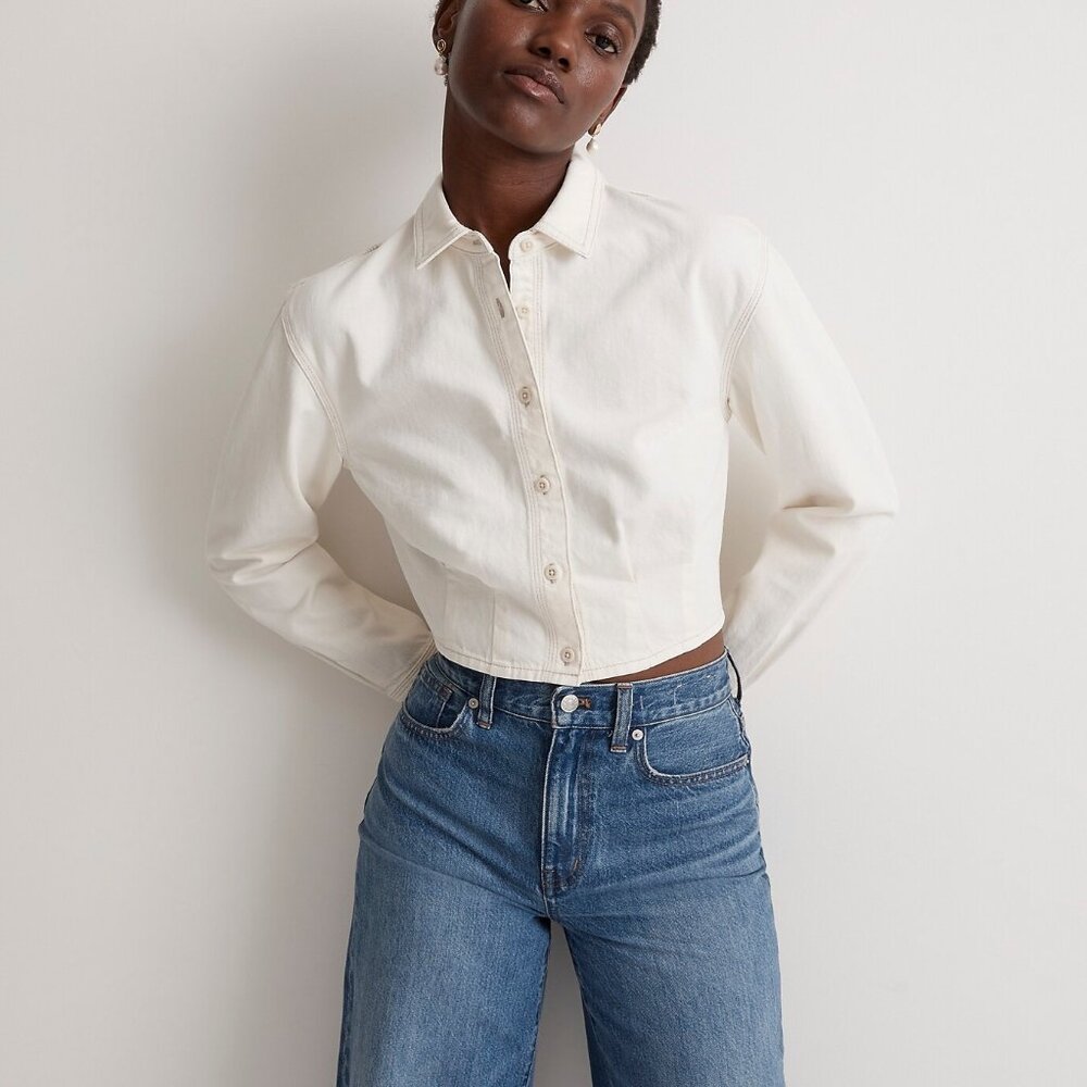 Madewell Denim Pleated Crop Button-Up Shirt